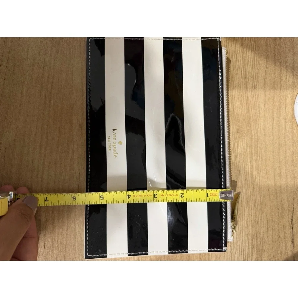 Kate Spade NY Black White Stripe Pencil Pouch Cosmetic Bag Pink Lining T